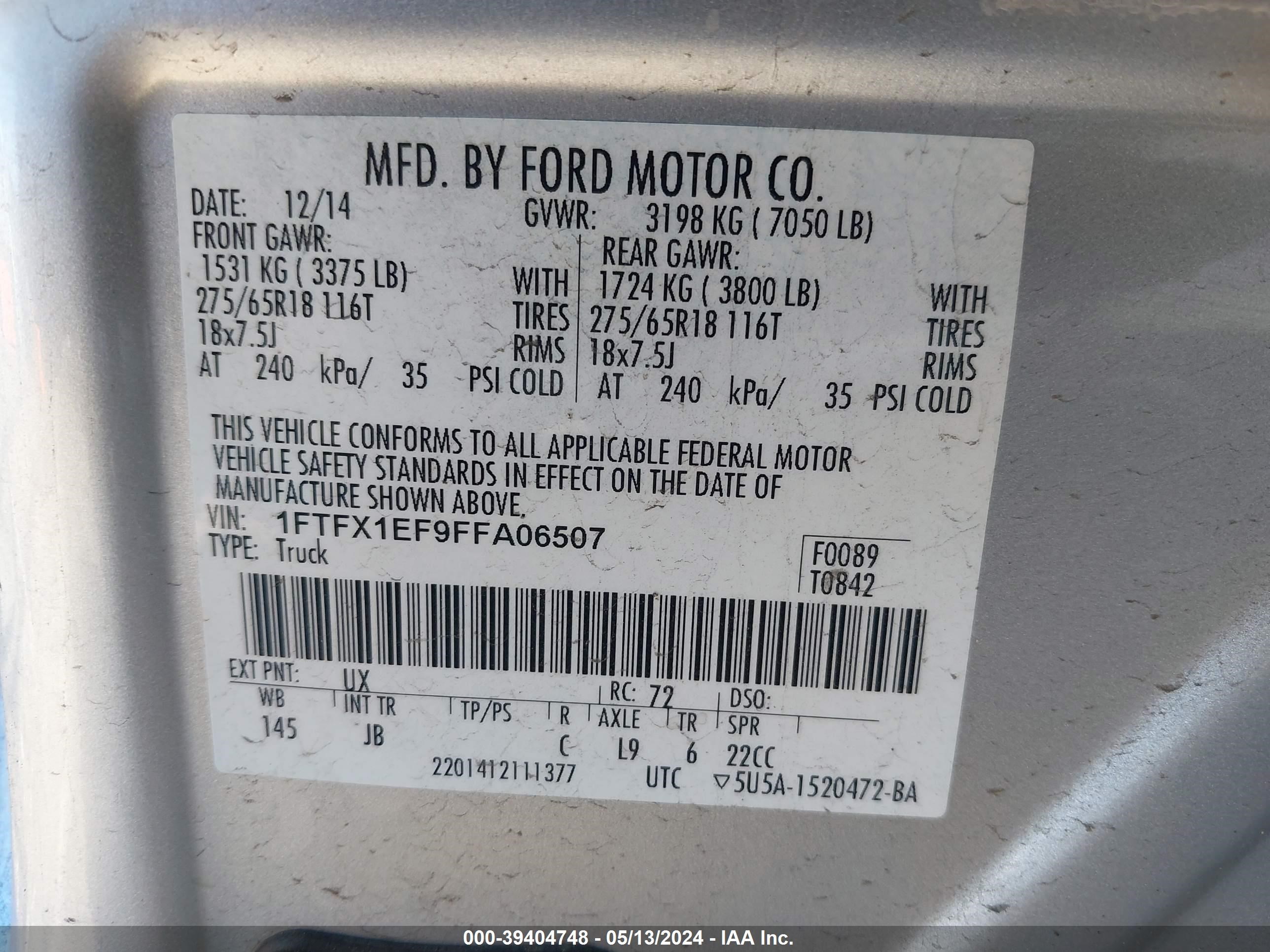 Photo 8 VIN: 1FTFX1EF9FFA06507 - FORD F-150 