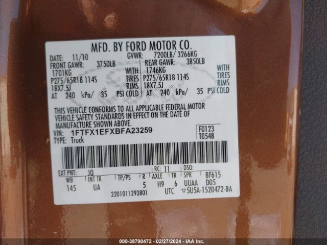 Photo 8 VIN: 1FTFX1EFXBFA23259 - FORD F-150 