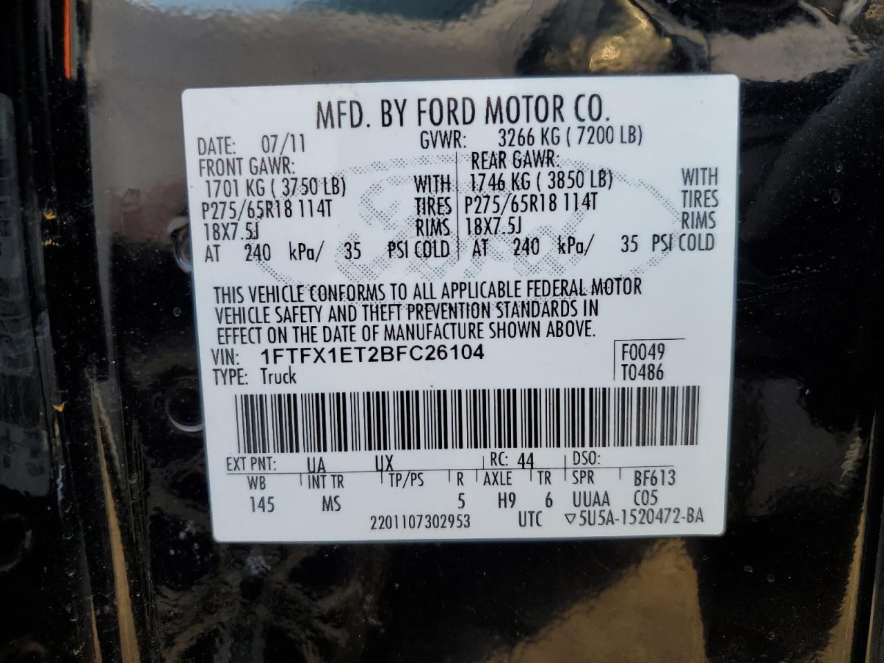 Photo 11 VIN: 1FTFX1ET2BFC26104 - FORD F-150 