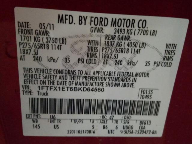 Photo 9 VIN: 1FTFX1ET6BKD64560 - FORD F150 SUPER 