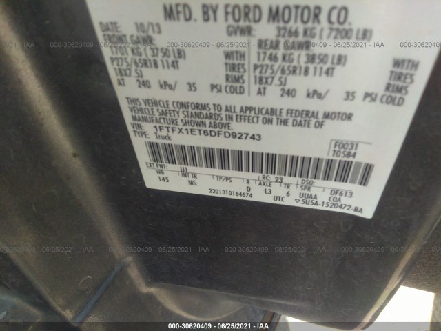 Photo 8 VIN: 1FTFX1ET6DFD92743 - FORD F-150 