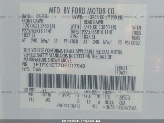 Photo 8 VIN: 1FTFX1ET7DFC17949 - FORD F-150 