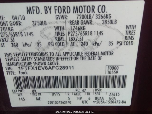 Photo 8 VIN: 1FTFX1EV8AFC28911 - FORD F-150 