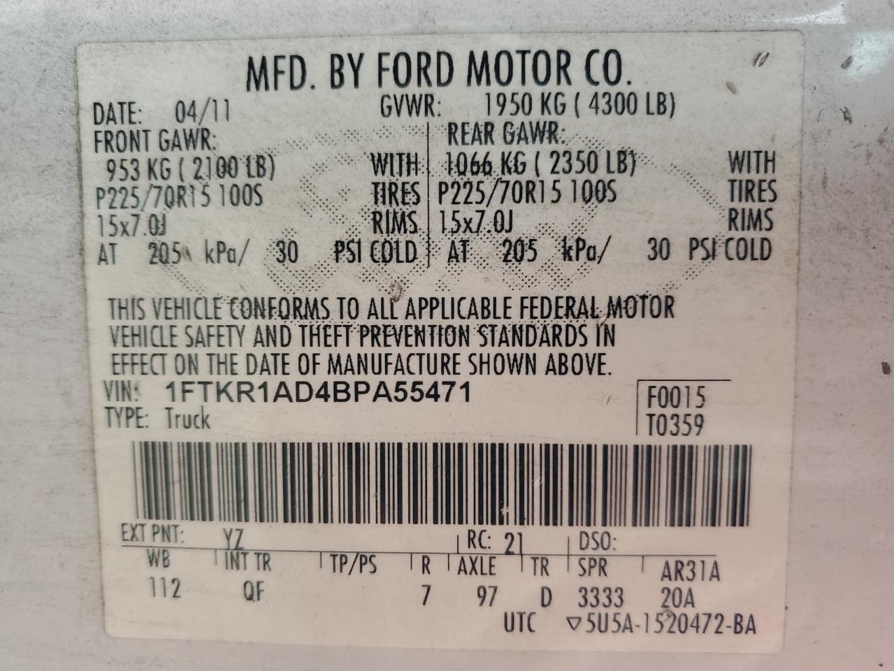 Photo 11 VIN: 1FTKR1AD4BPA55471 - FORD RANGER 