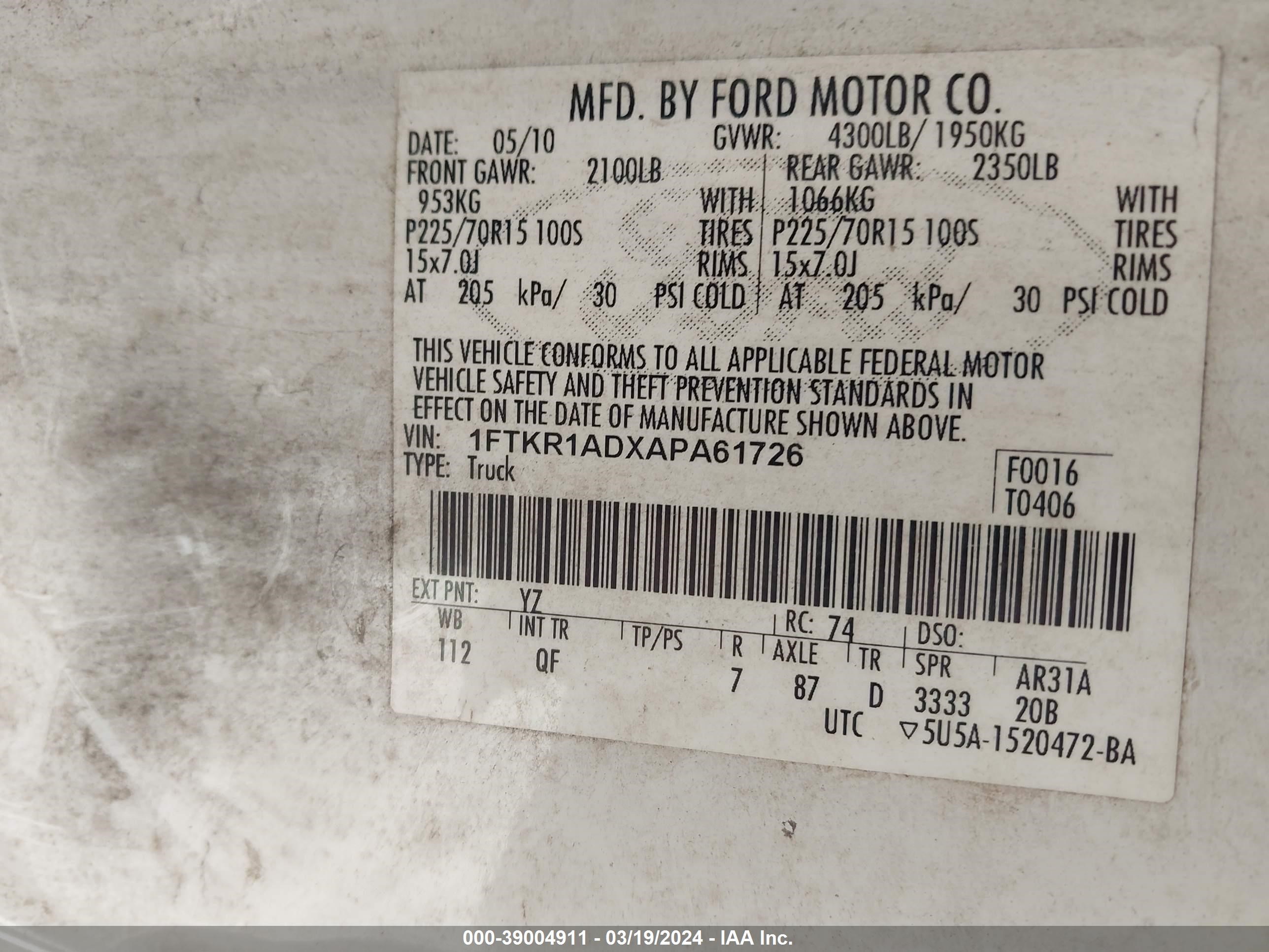 Photo 8 VIN: 1FTKR1ADXAPA61726 - FORD RANGER 