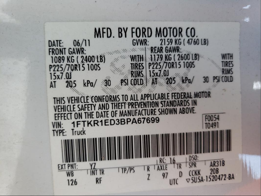 Photo 9 VIN: 1FTKR1ED3BPA67699 - FORD RANGER SUP 