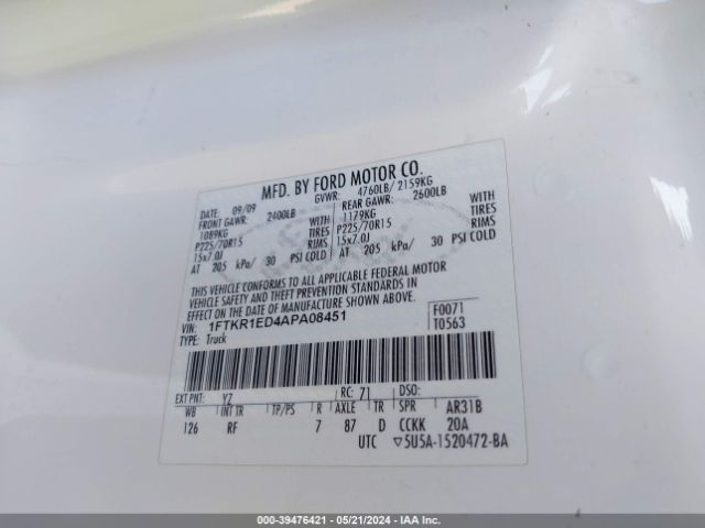 Photo 8 VIN: 1FTKR1ED4APA08451 - FORD RANGER 