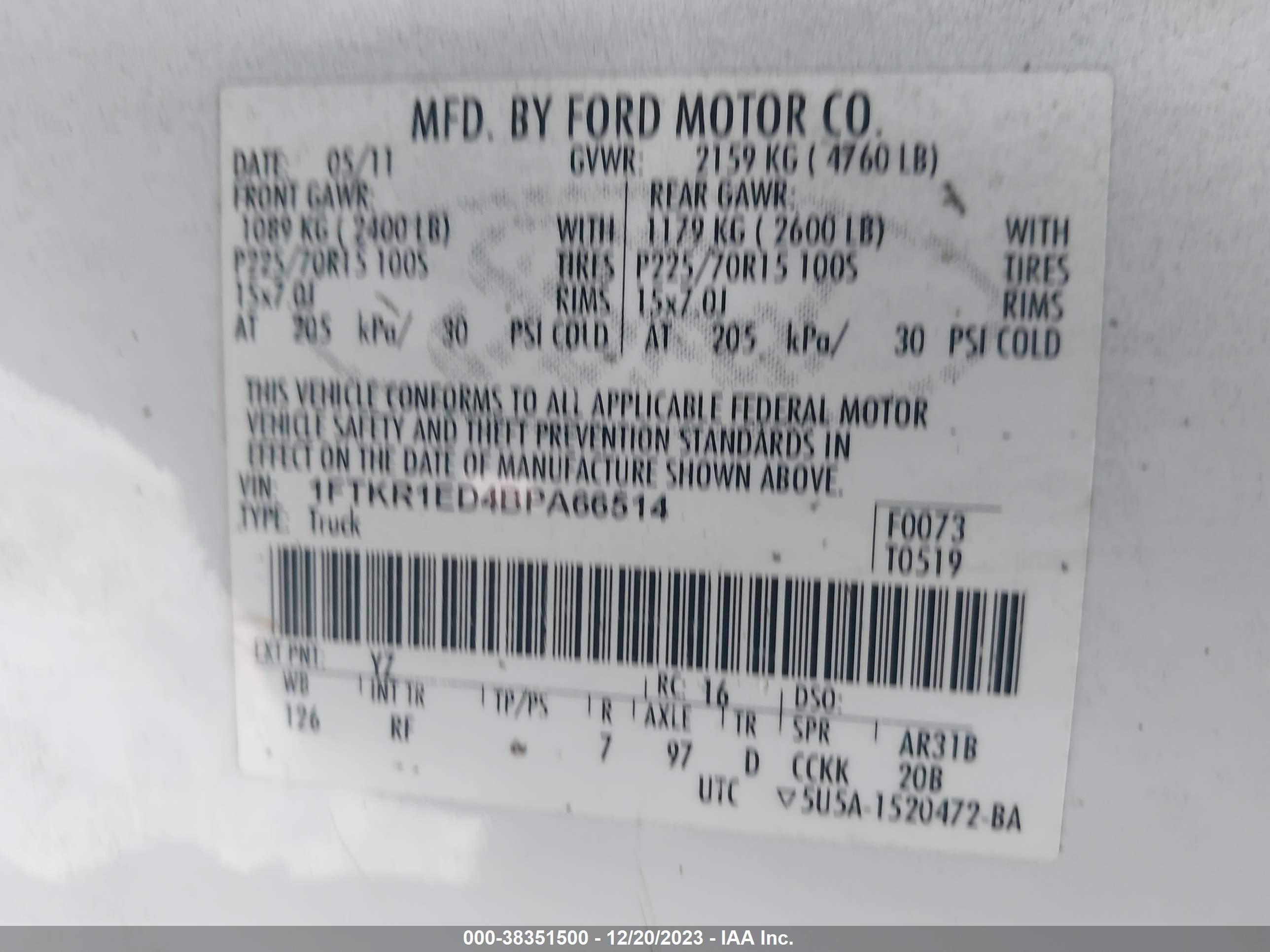 Photo 8 VIN: 1FTKR1ED4BPA66514 - FORD RANGER 