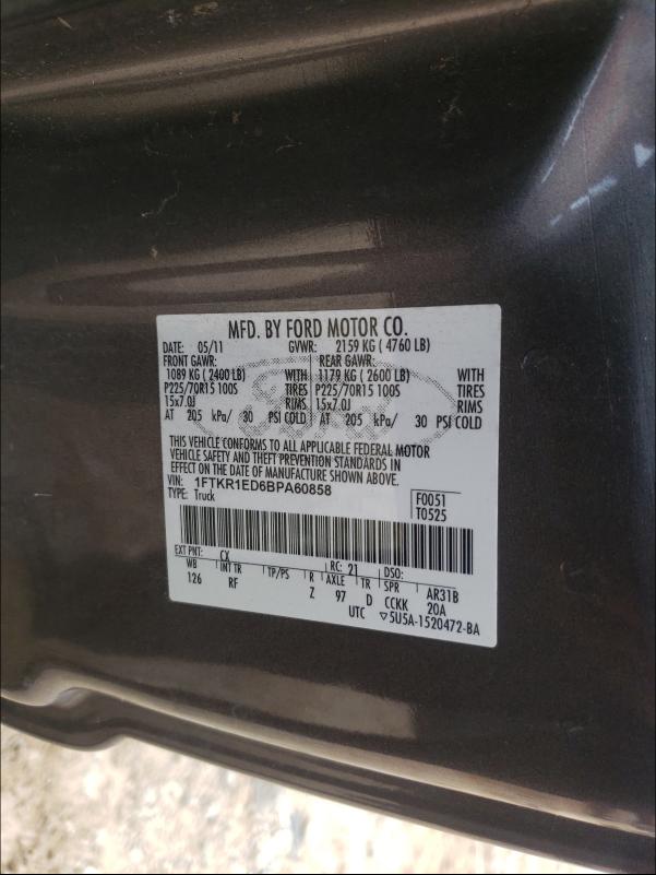 Photo 9 VIN: 1FTKR1ED6BPA60858 - FORD RANGER SUP 