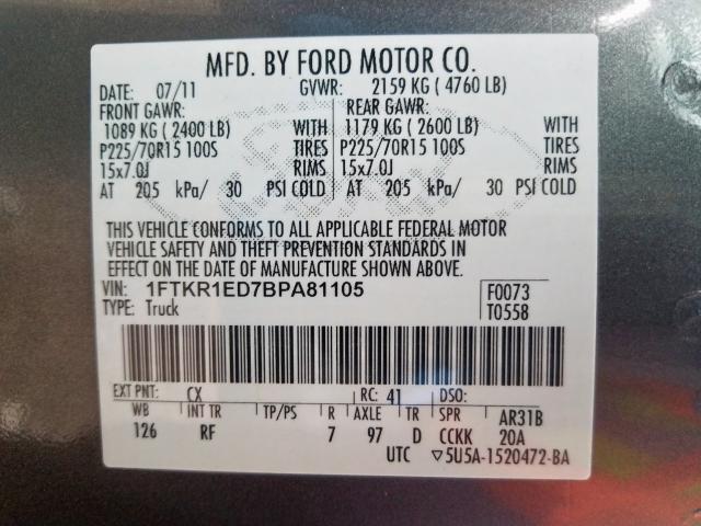 Photo 9 VIN: 1FTKR1ED7BPA81105 - FORD RANGER SUP 