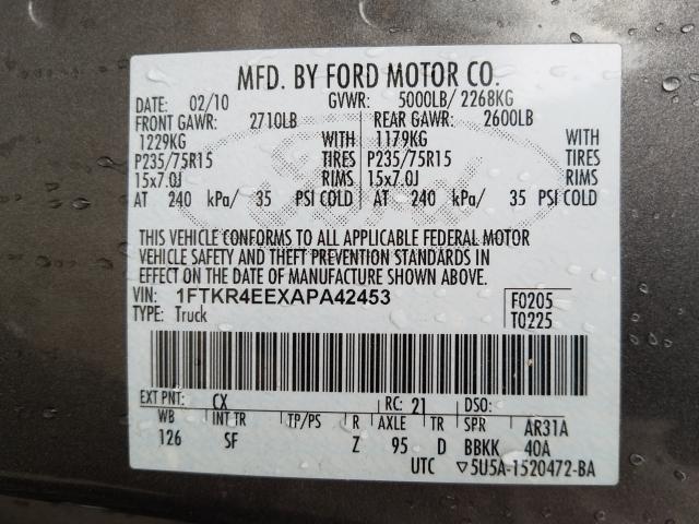 Photo 9 VIN: 1FTKR4EEXAPA42453 - FORD RANGER SUP 