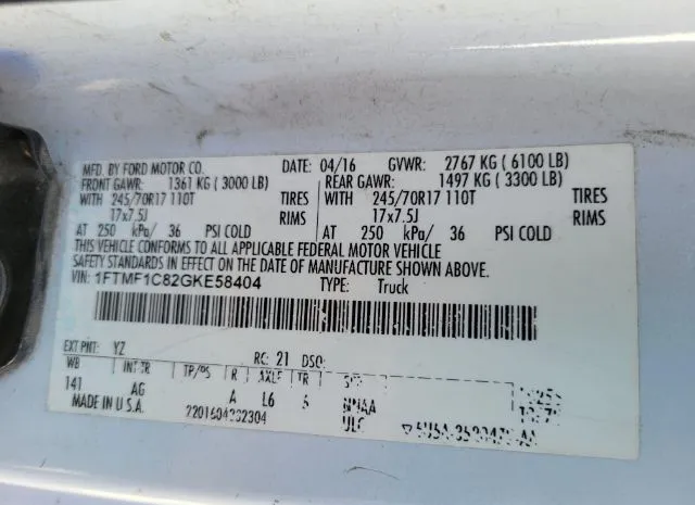 Photo 8 VIN: 1FTMF1C82GKE58404 - FORD F-150 