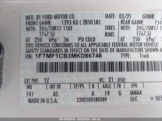 Photo 8 VIN: 1FTMF1CB3MKD86748 - FORD F-150 