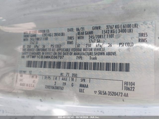 Photo 8 VIN: 1FTMF1CB3MKE06707 - FORD F-150 