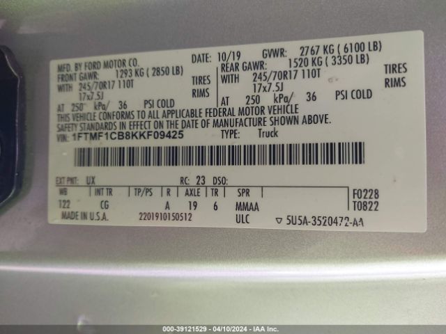 Photo 8 VIN: 1FTMF1CB8KKF09425 - FORD F-150 