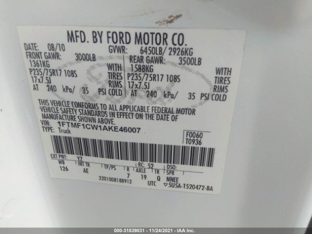 Photo 8 VIN: 1FTMF1CW1AKE46007 - FORD F-150 