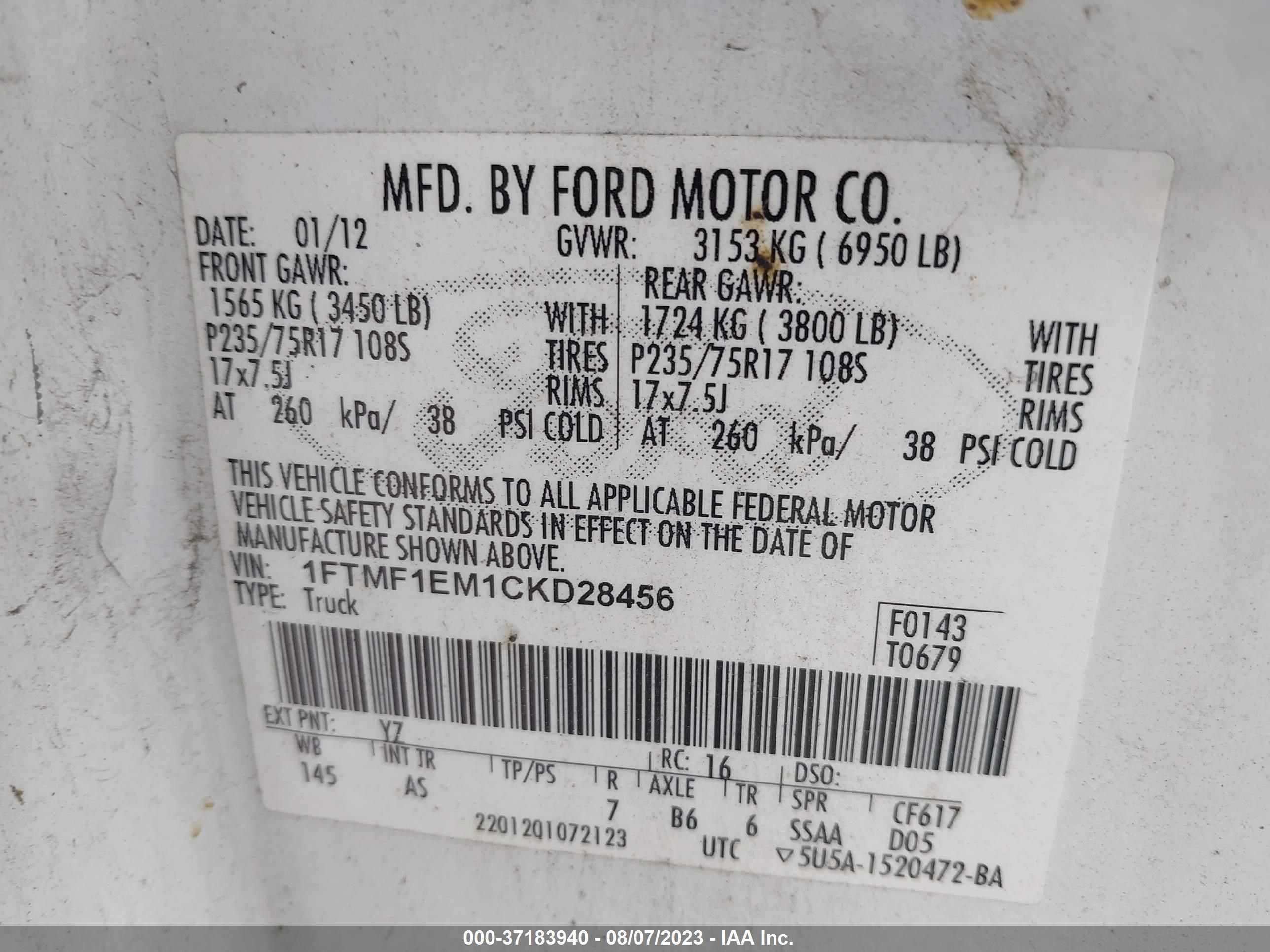 Photo 8 VIN: 1FTMF1EM1CKD28456 - FORD F-150 