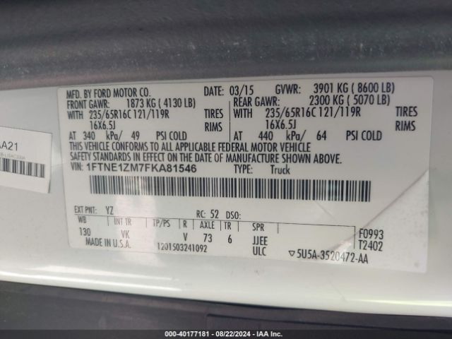 Photo 8 VIN: 1FTNE1ZM7FKA81546 - FORD TRANSIT 