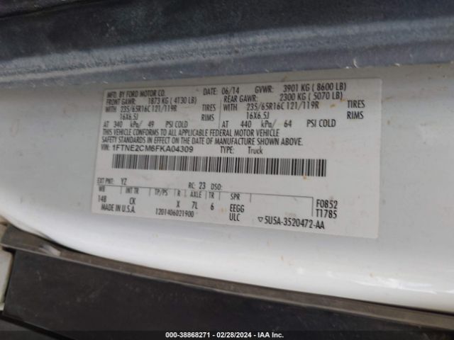 Photo 8 VIN: 1FTNE2CM6FKA04309 - FORD TRANSIT-150 