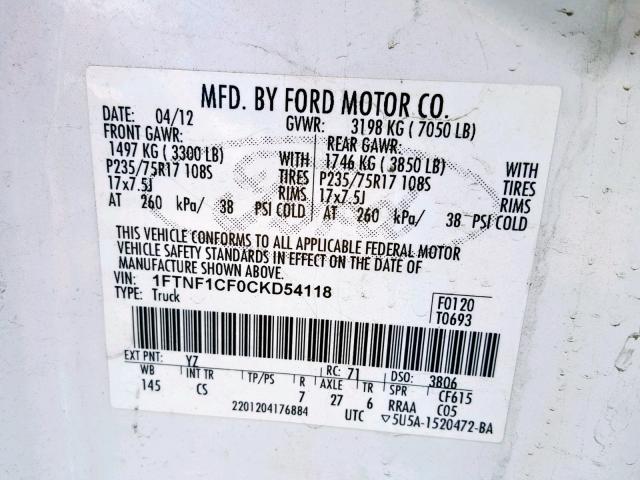 Photo 9 VIN: 1FTNF1CF0CKD54118 - FORD F150 