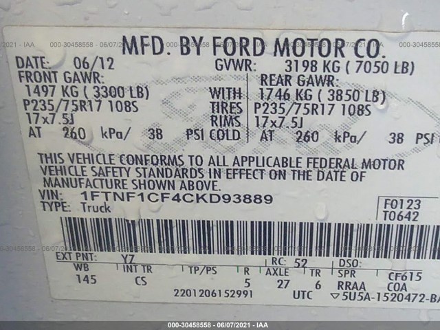 Photo 8 VIN: 1FTNF1CF4CKD93889 - FORD F-150 