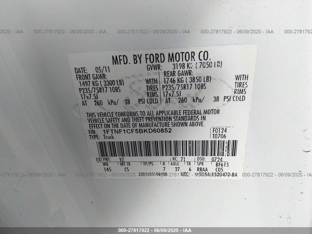 Photo 8 VIN: 1FTNF1CF5BKD60852 - FORD F-150 