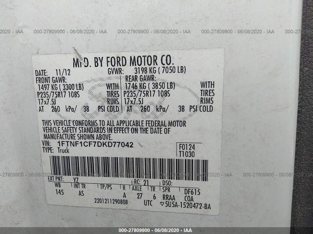 Photo 8 VIN: 1FTNF1CF7DKD77042 - FORD F-150 