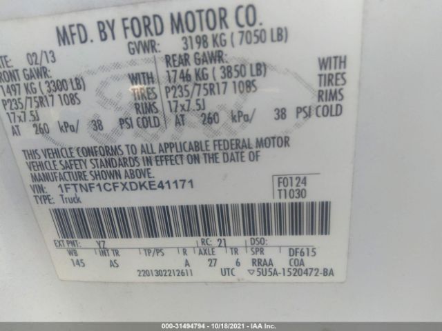 Photo 8 VIN: 1FTNF1CFXDKE41171 - FORD F-150 