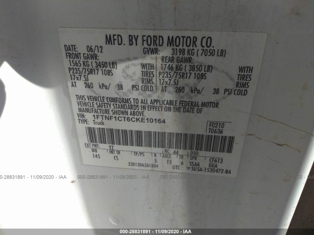 Photo 8 VIN: 1FTNF1CT6CKE10164 - FORD F-150 