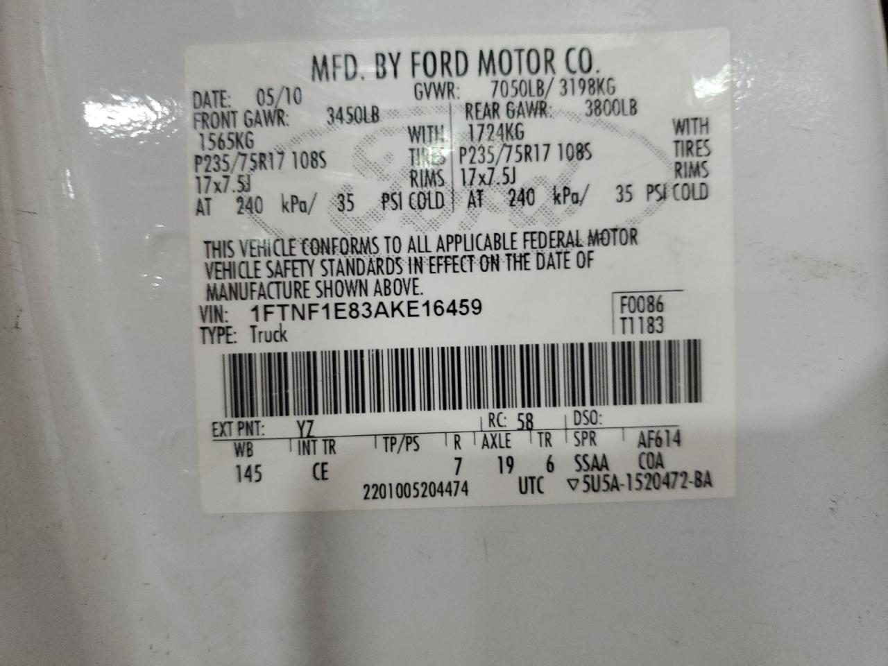 Photo 11 VIN: 1FTNF1E83AKE16459 - FORD F-150 