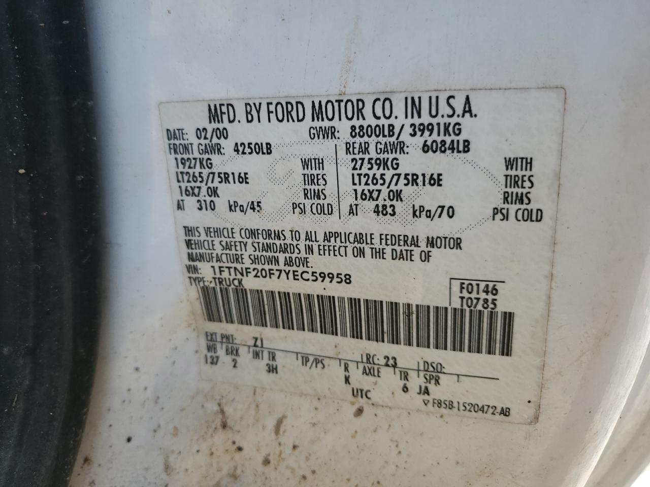 Photo 11 VIN: 1FTNF20F7YEC59958 - FORD F250 