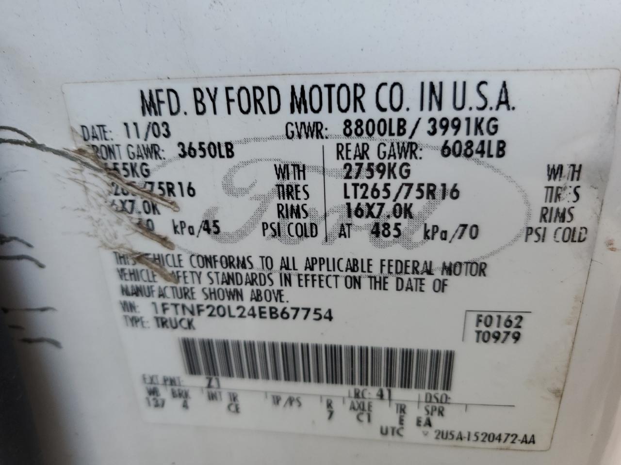 Photo 11 VIN: 1FTNF20L24EB67754 - FORD F250 