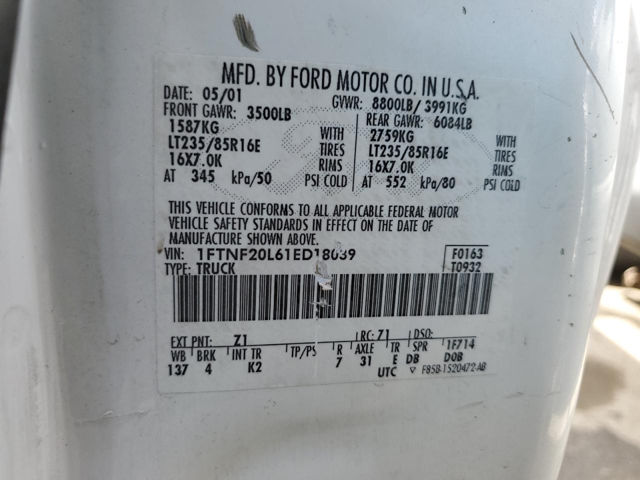 Photo 12 VIN: 1FTNF20L61ED18039 - FORD F250 