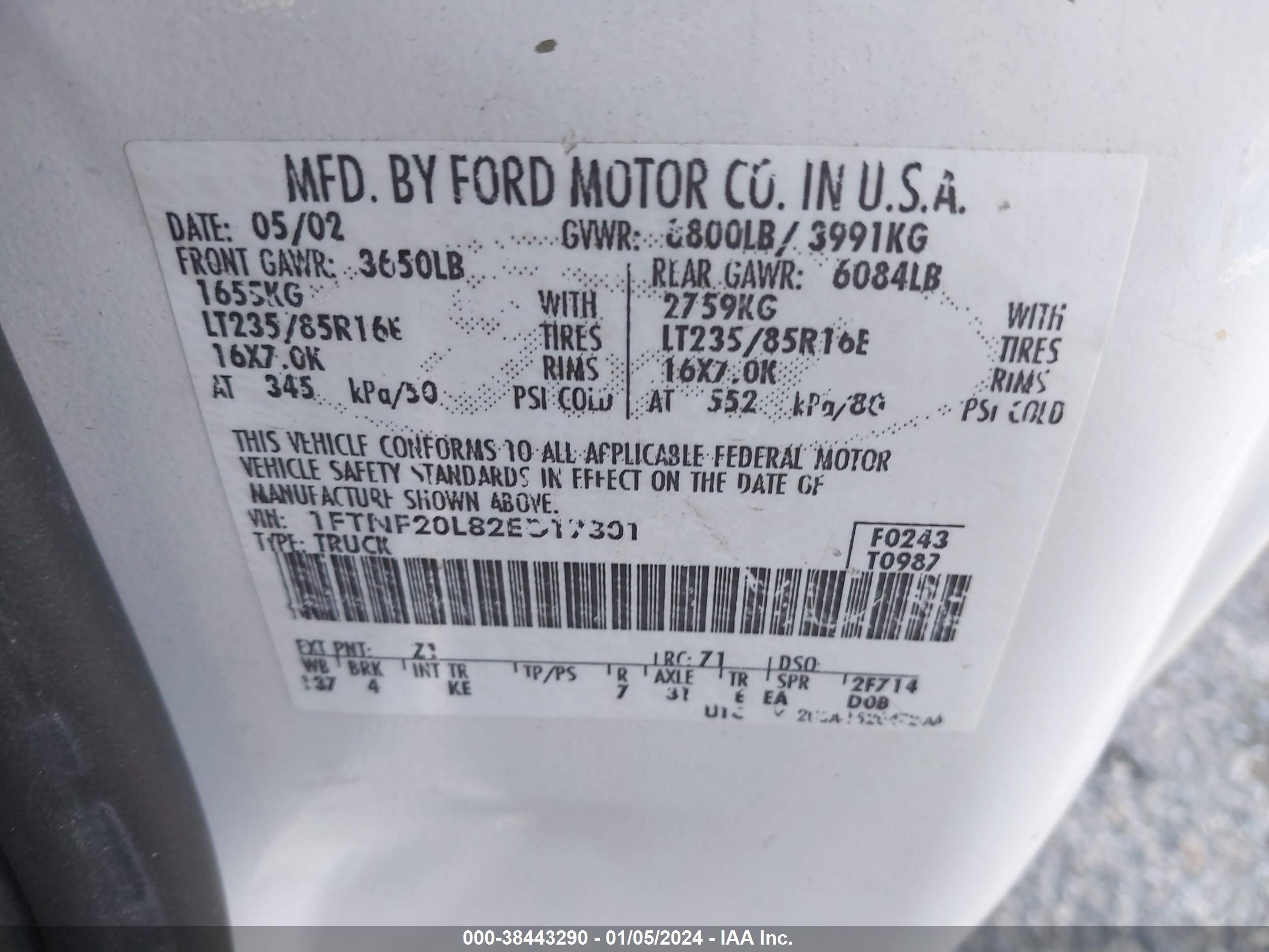 Photo 8 VIN: 1FTNF20L82ED17301 - FORD F250 