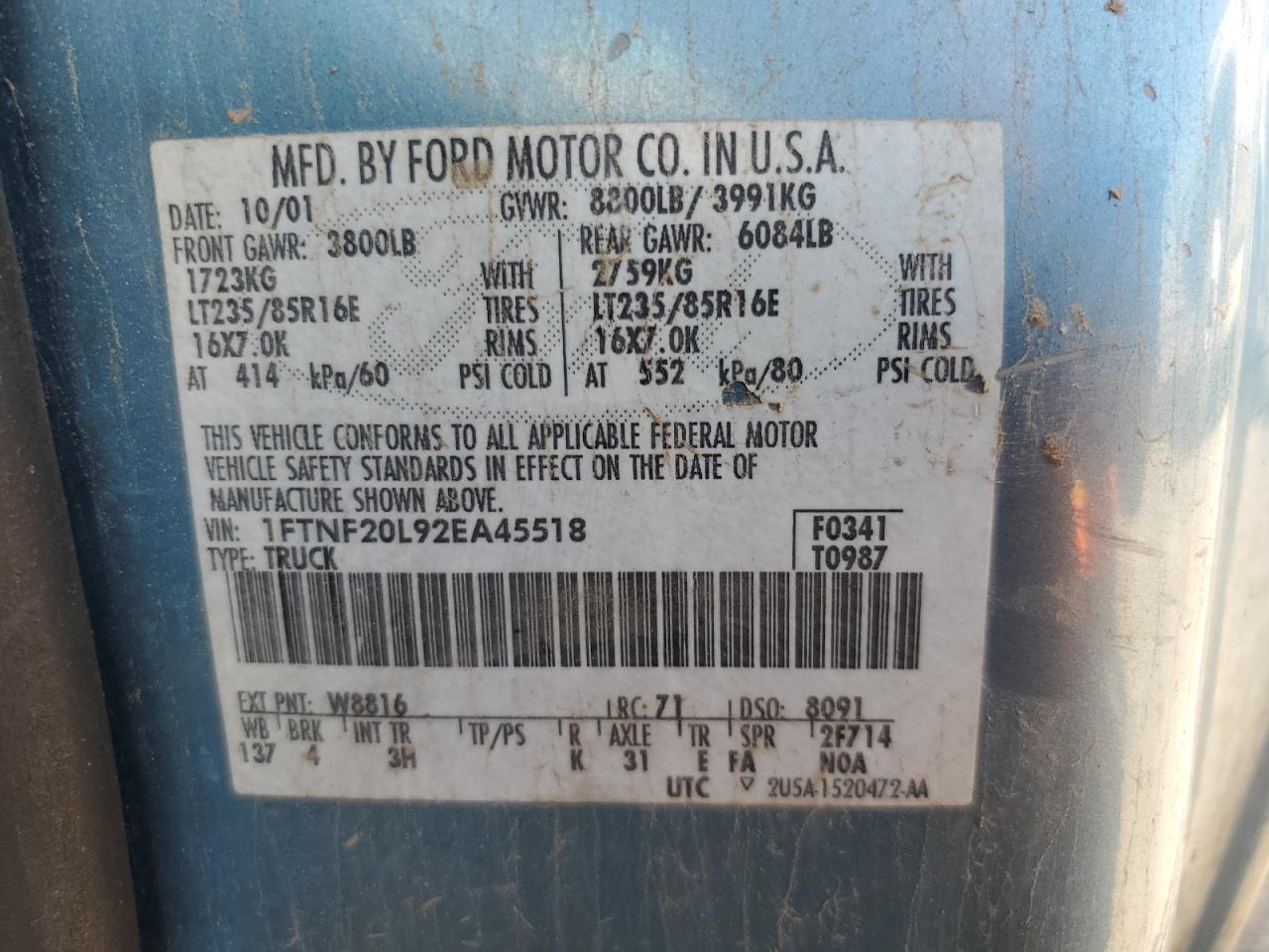 Photo 12 VIN: 1FTNF20L92EA45518 - FORD F250 