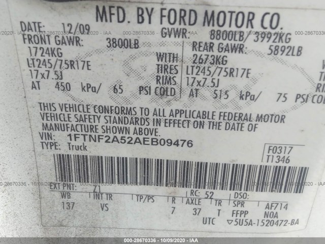 Photo 8 VIN: 1FTNF2A52AEB09476 - FORD SUPER DUTY F-250 