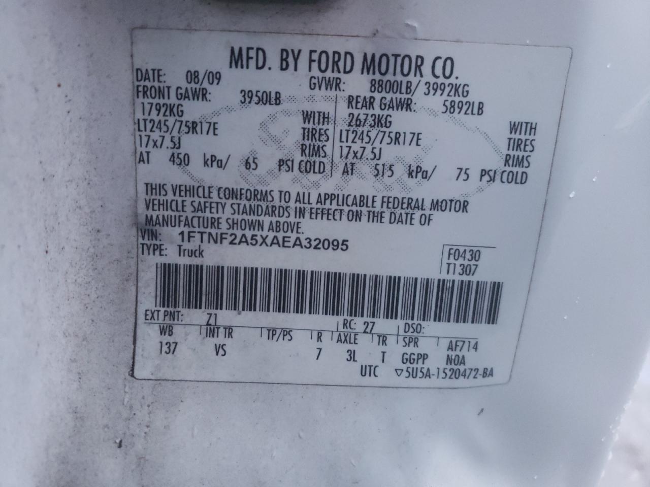 Photo 11 VIN: 1FTNF2A5XAEA32095 - FORD F250 