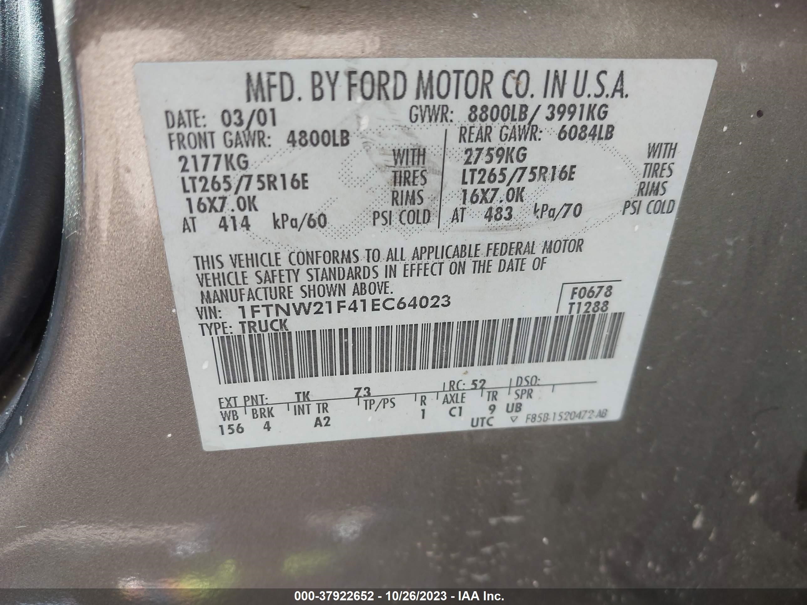 Photo 8 VIN: 1FTNW21F41EC64023 - FORD F250 