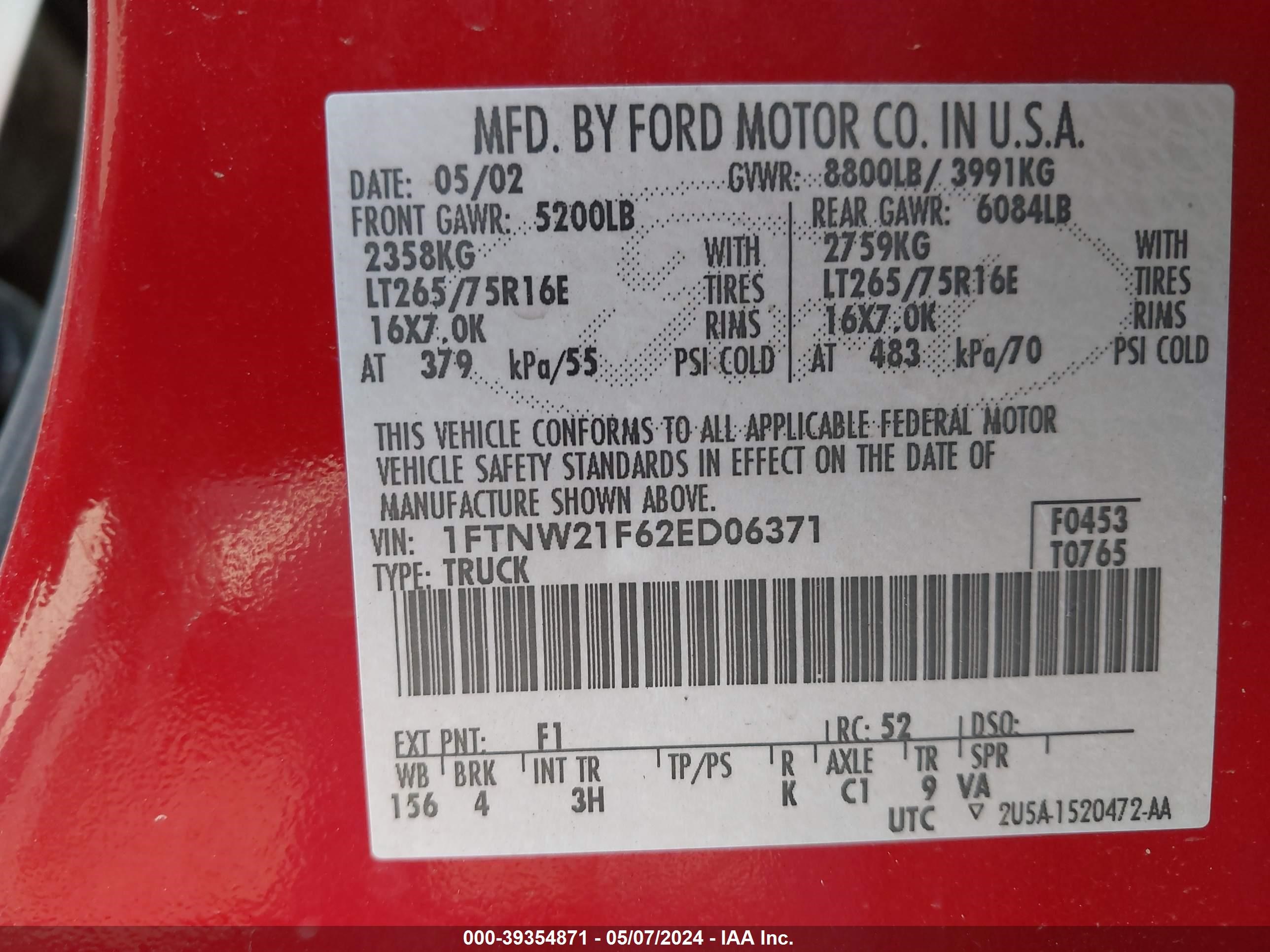 Photo 8 VIN: 1FTNW21F62ED06371 - FORD F250 