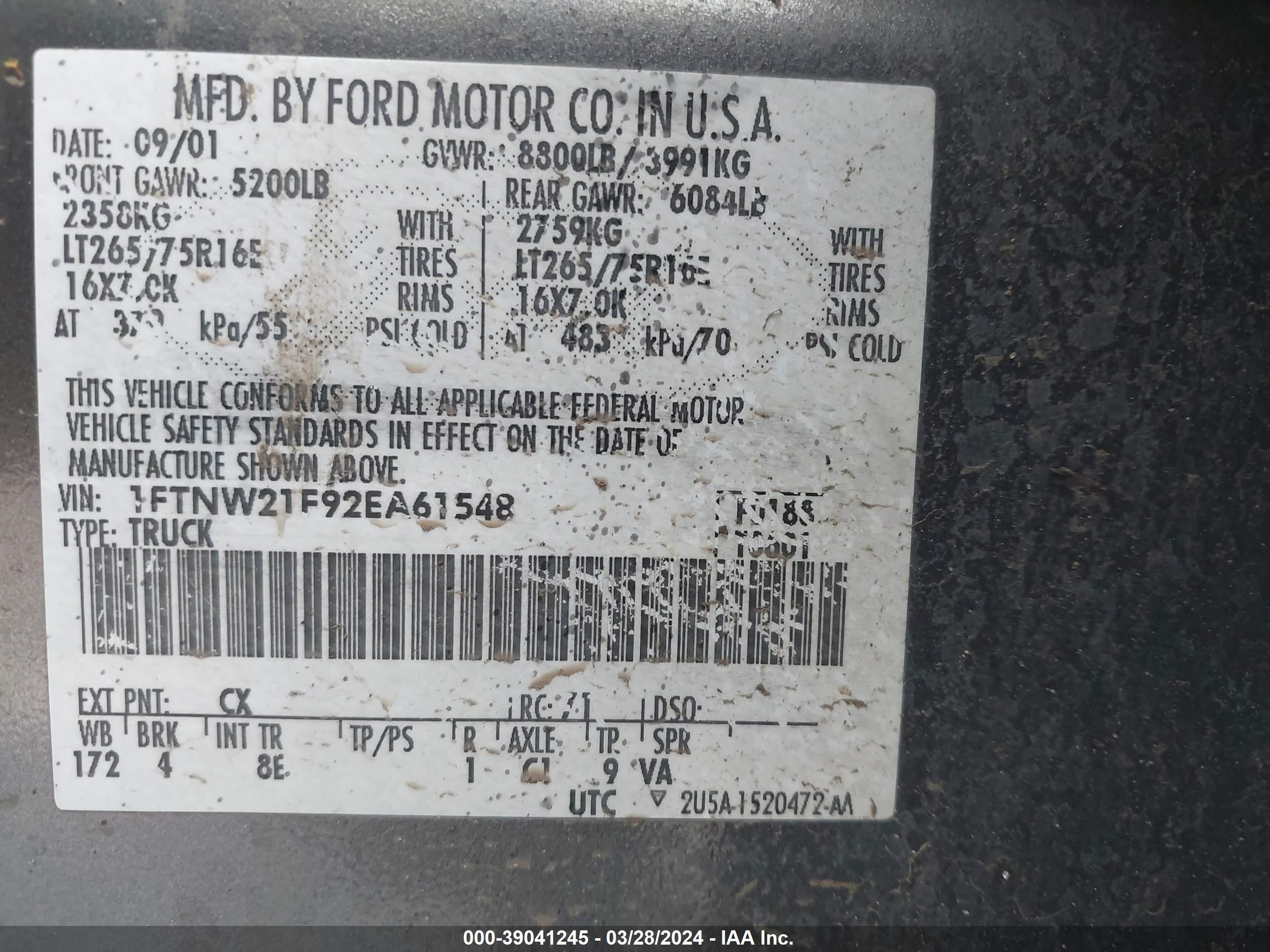 Photo 8 VIN: 1FTNW21F92EA61548 - FORD F250 