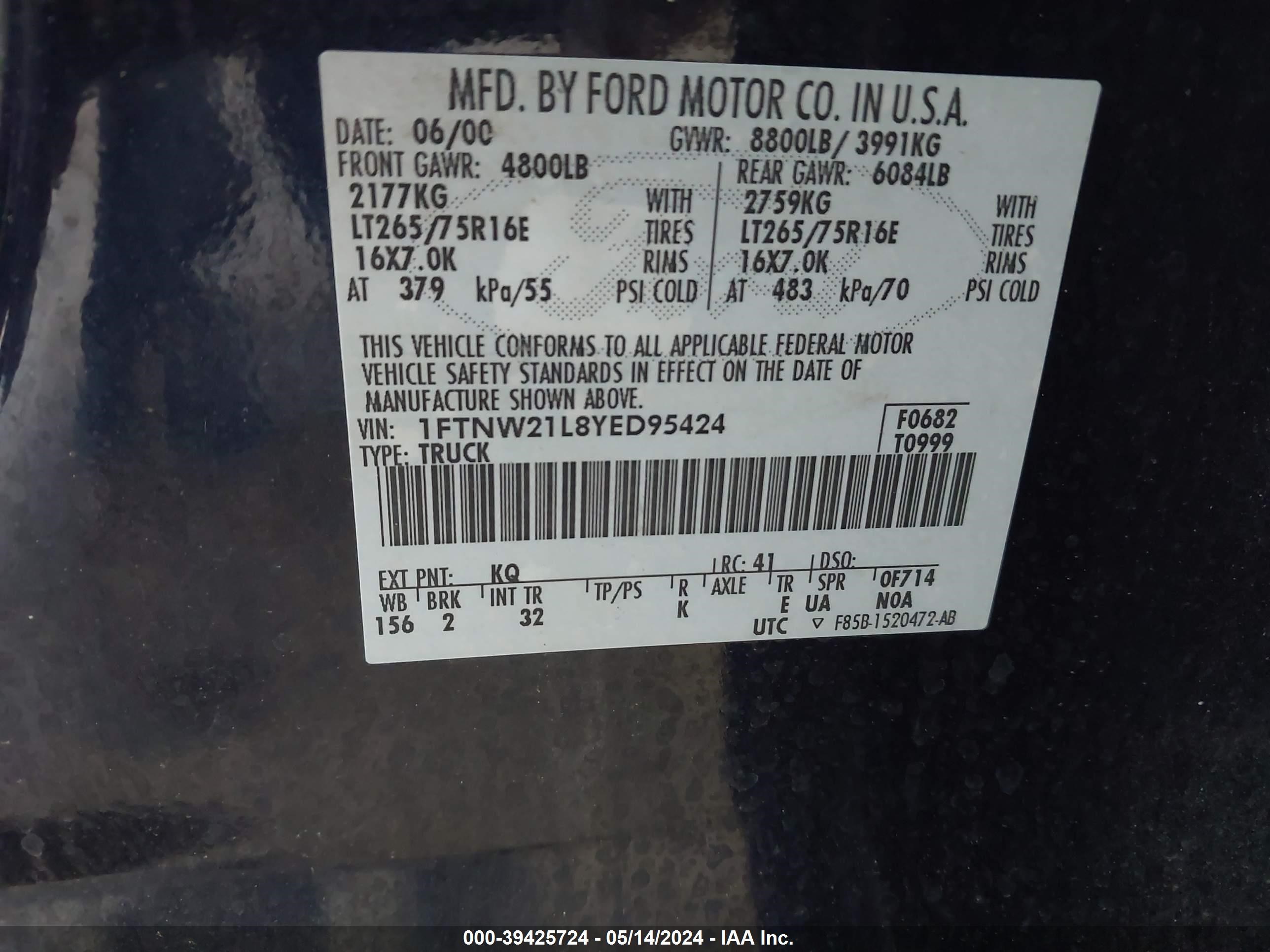 Photo 8 VIN: 1FTNW21L8YED95424 - FORD F250 