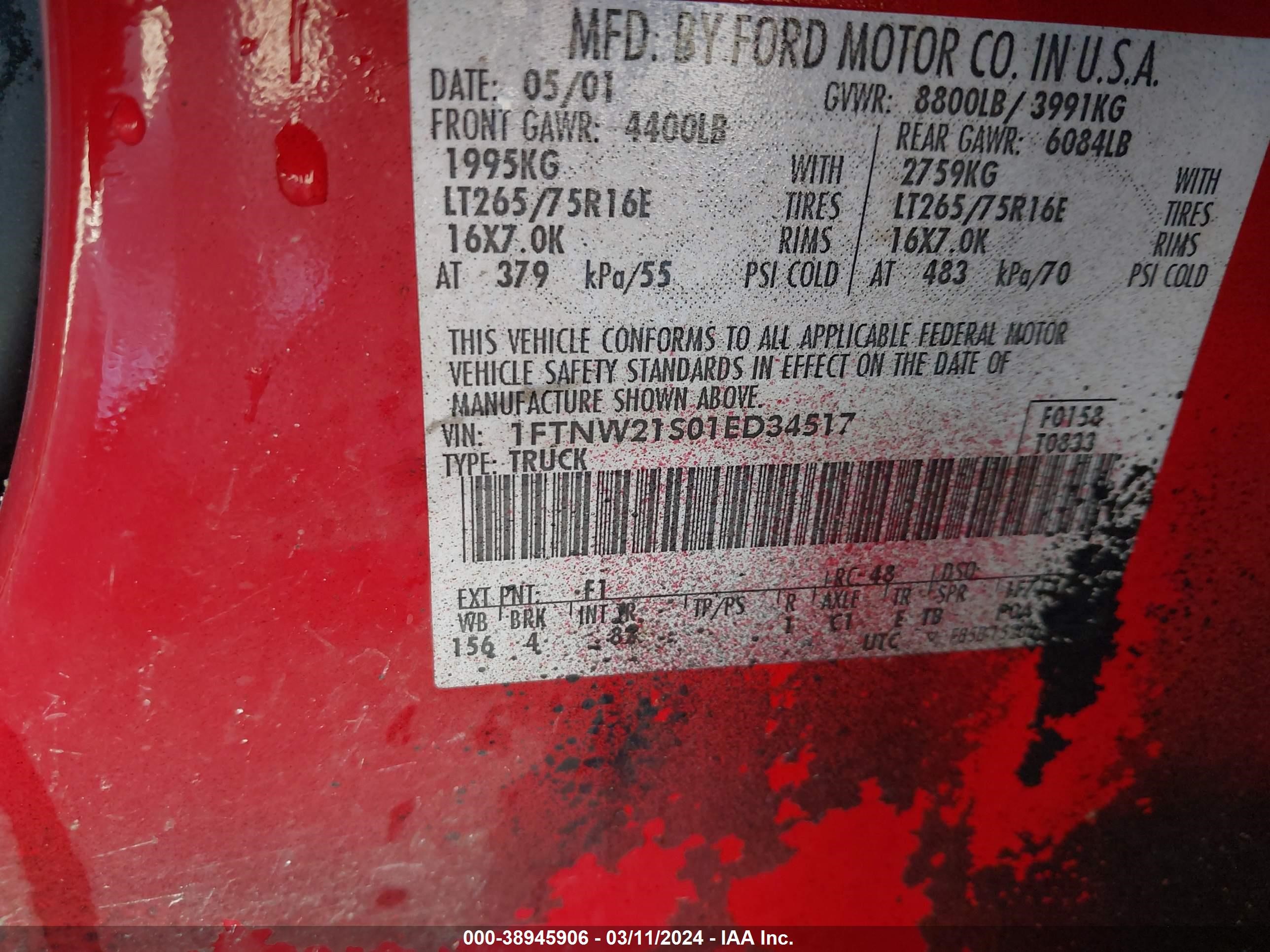 Photo 8 VIN: 1FTNW21S01ED34517 - FORD F250 