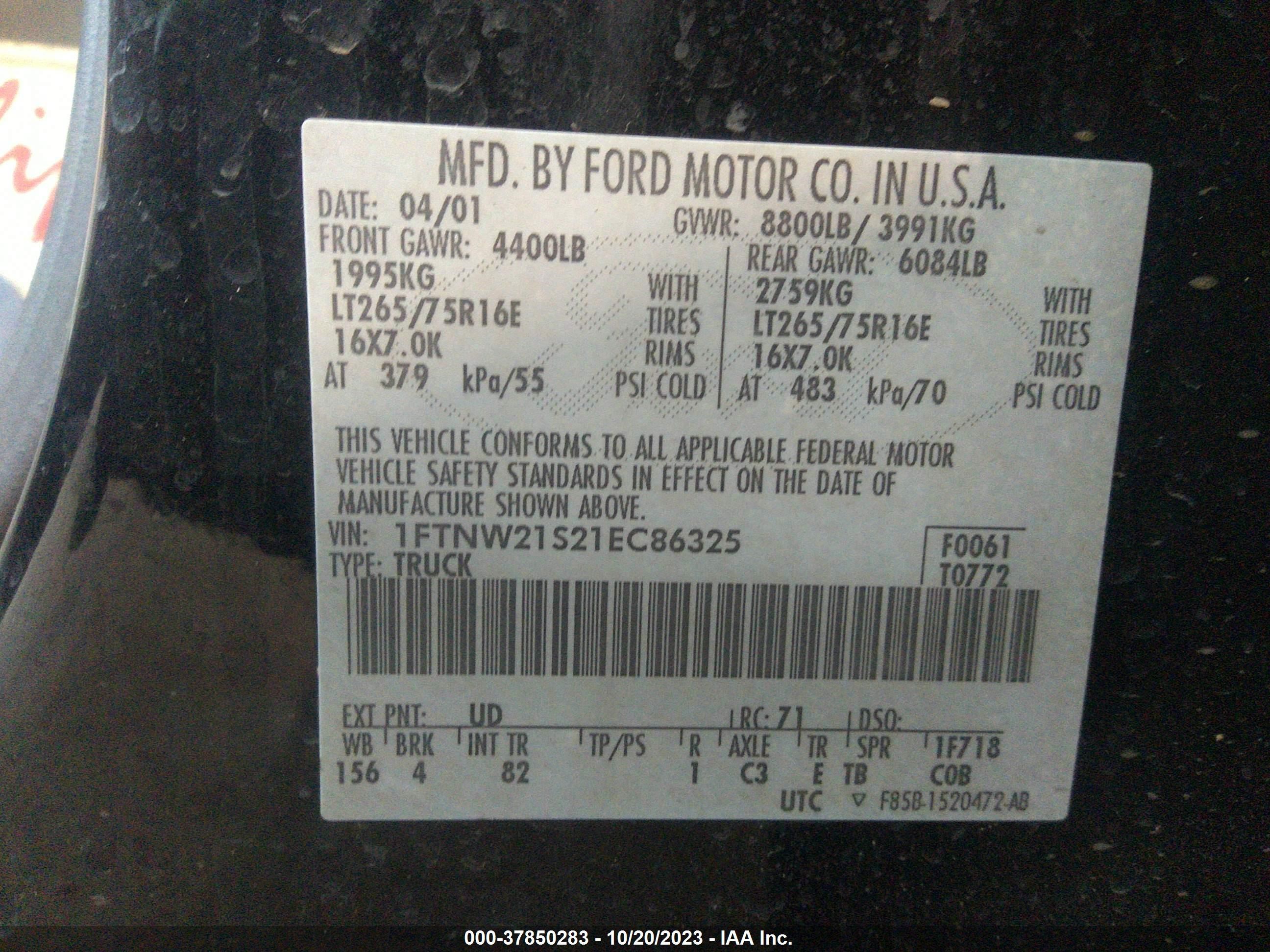 Photo 8 VIN: 1FTNW21S21EC86325 - FORD F250 