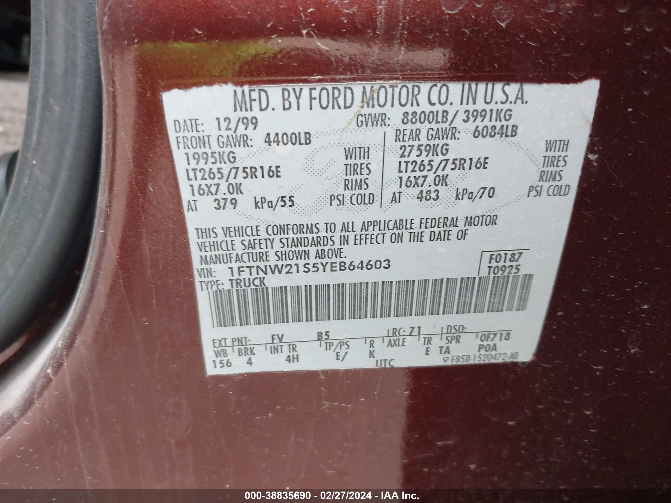 Photo 8 VIN: 1FTNW21S5YEB64603 - FORD F250 