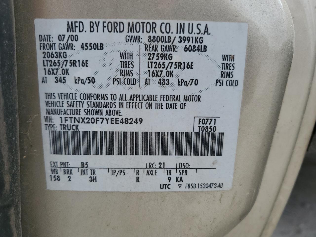 Photo 11 VIN: 1FTNX20F7YEE48249 - FORD F250 