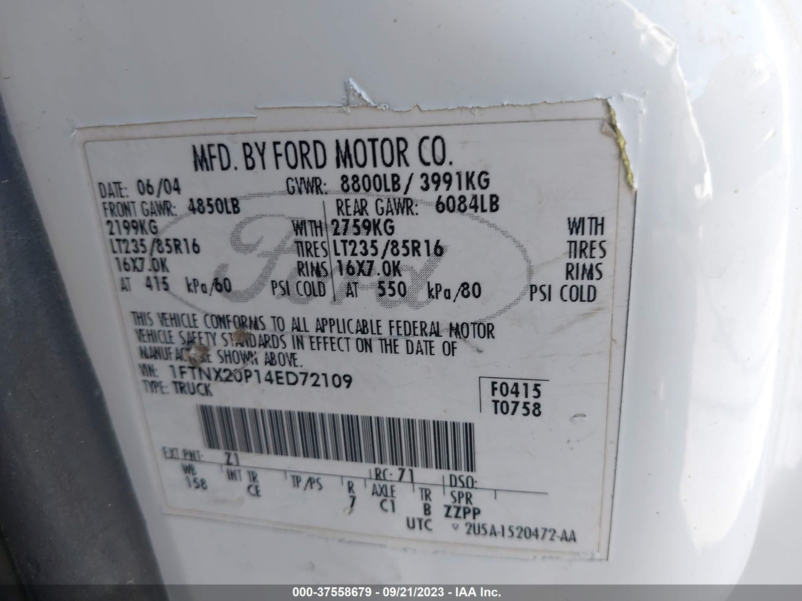 Photo 8 VIN: 1FTNX20P14ED72109 - FORD F250 