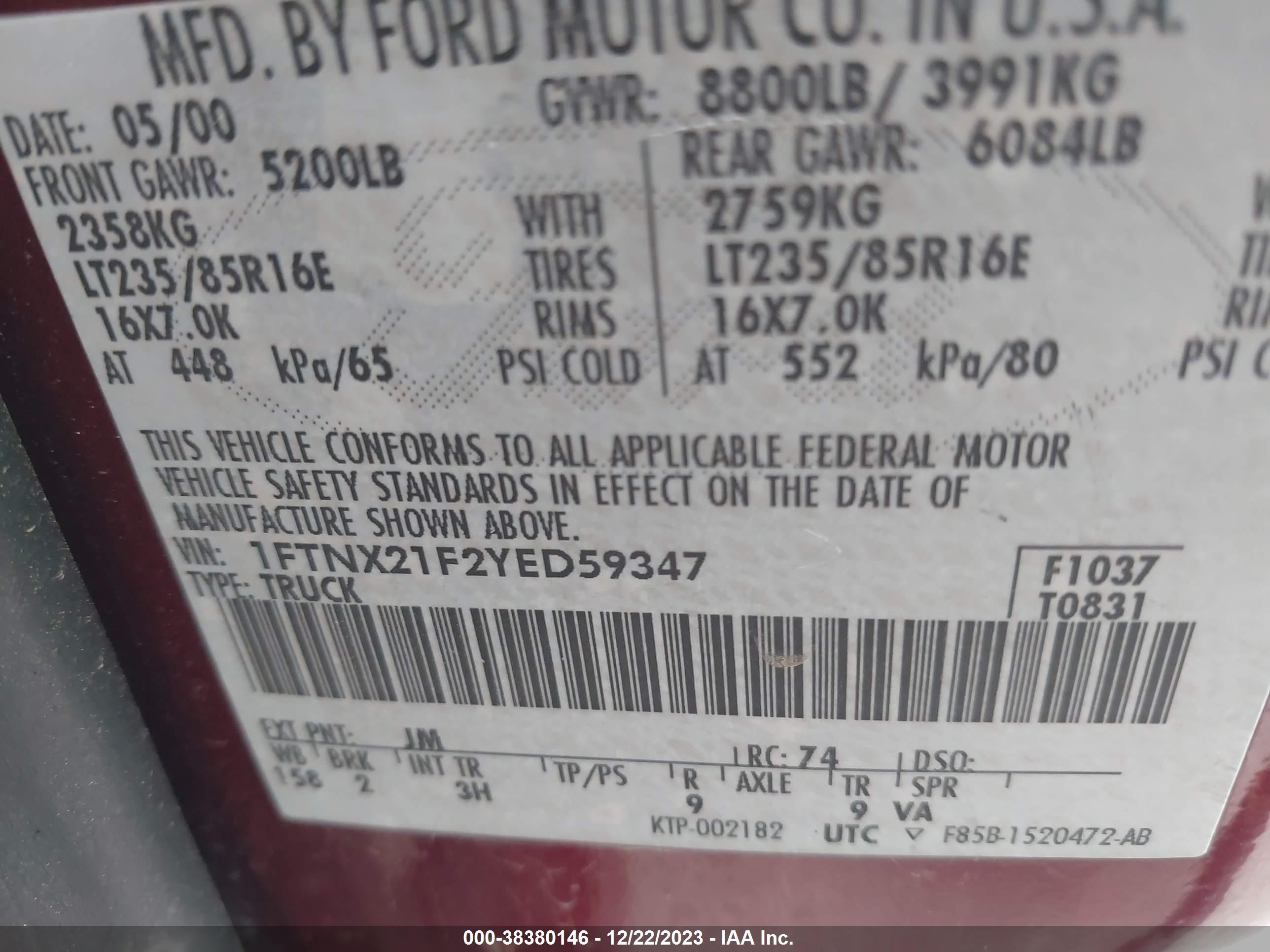 Photo 8 VIN: 1FTNX21F2YED59347 - FORD F250 