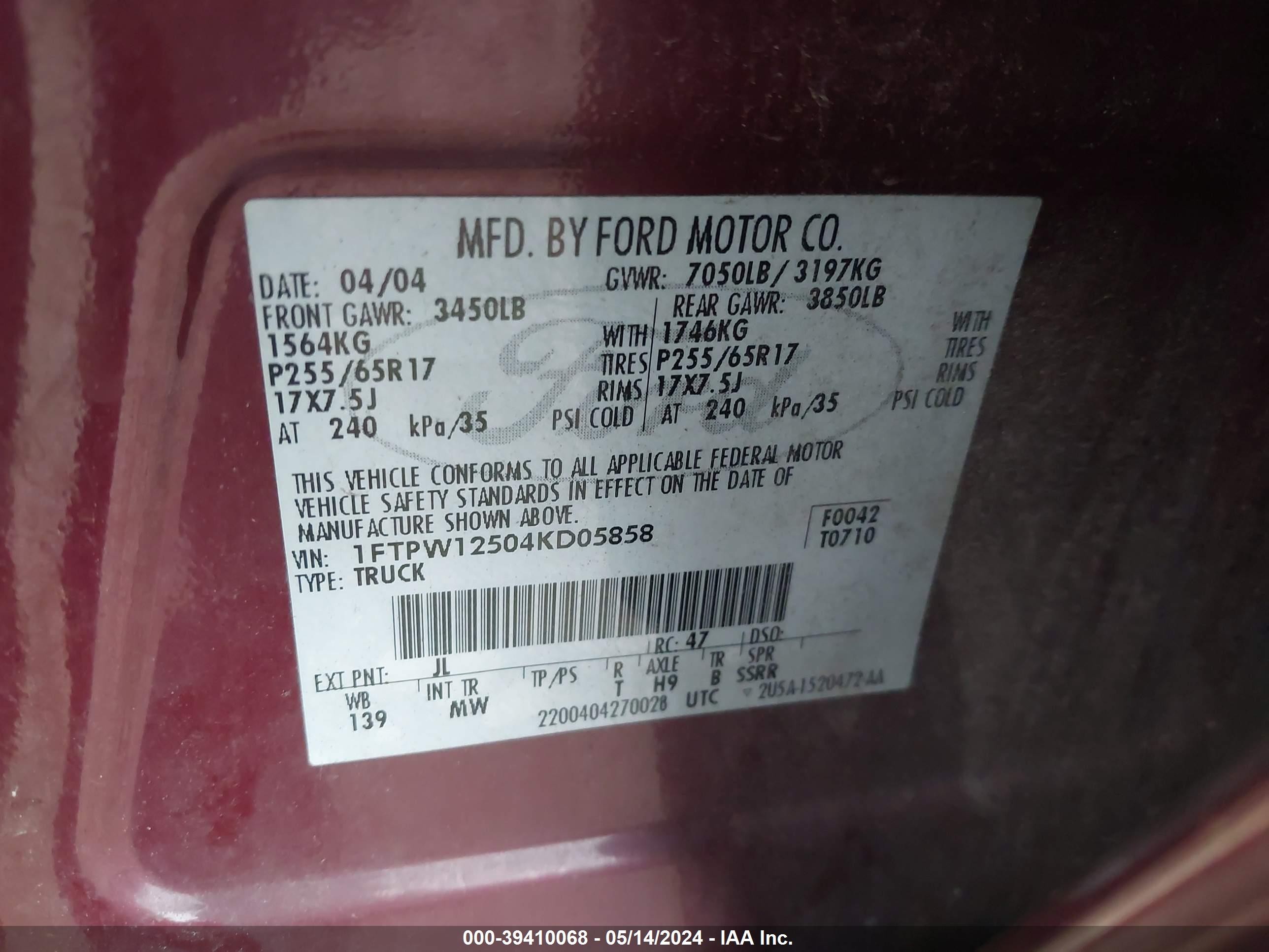 Photo 8 VIN: 1FTPW12504KD05858 - FORD F-150 