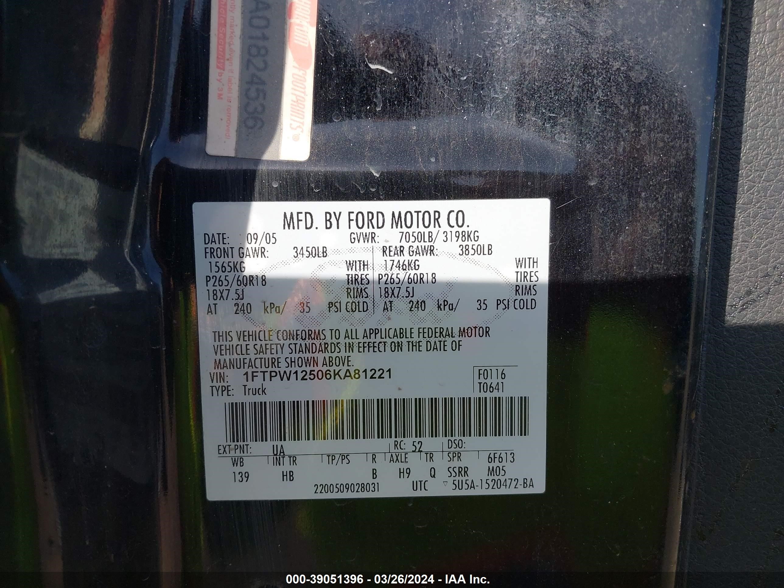 Photo 8 VIN: 1FTPW12506KA81221 - FORD F-150 