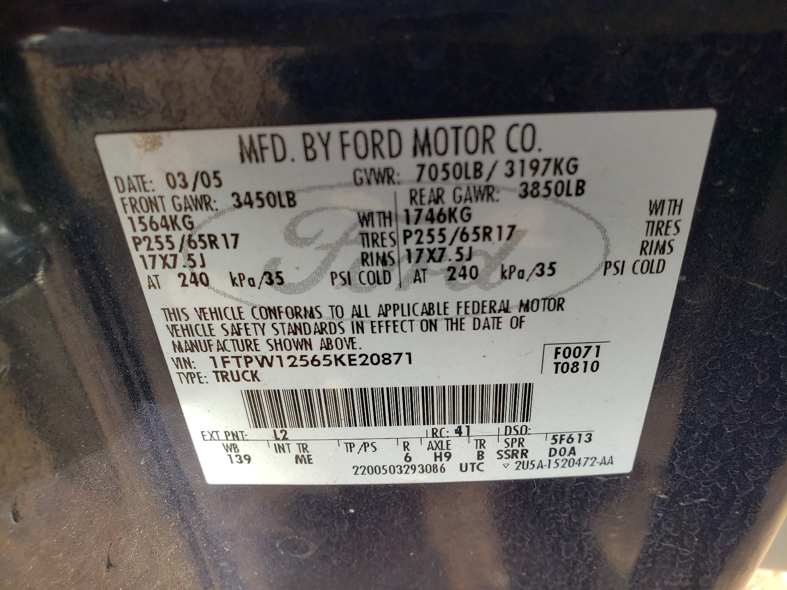 Photo 9 VIN: 1FTPW12565KE20871 - FORD F150 SUPER 